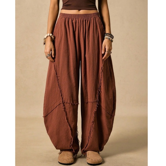 Boho Rust Brown Solid Stretchy waist Pockets Frayed Detail Harem Pants - Picture 10 of 10
